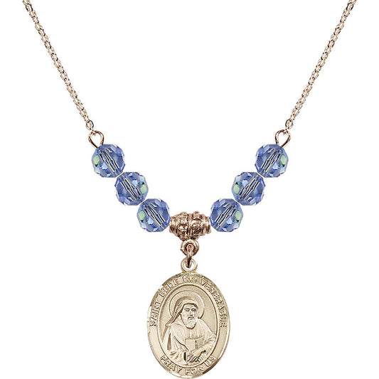 14kt Gold Filled Saint Bede the Venerable Birthstone Necklace with Light Sapphire Beads - 8302