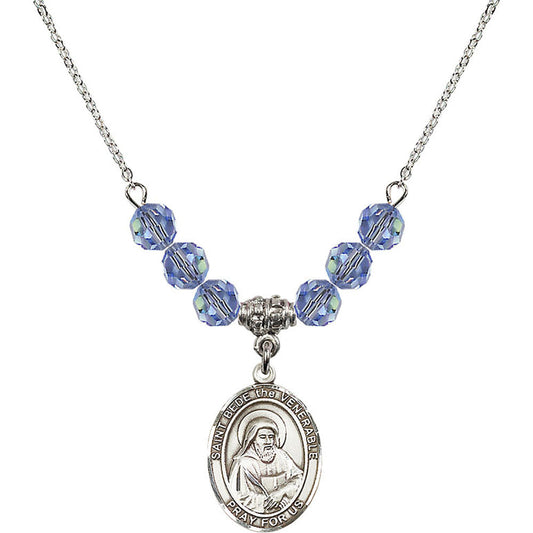 Sterling Silver Saint Bede the Venerable Birthstone Necklace with Light Sapphire Beads - 8302