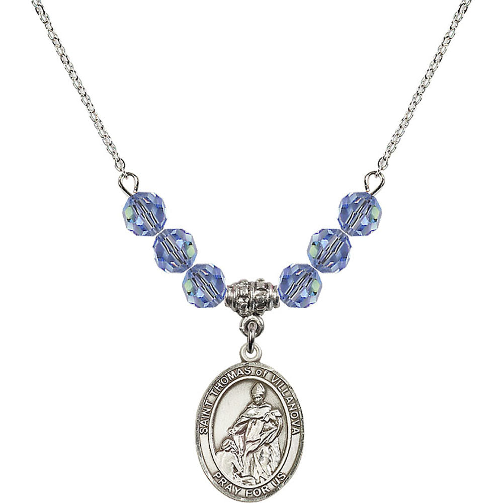 Sterling Silver Saint Thomas of Villanova Birthstone Necklace with Light Sapphire Beads - 8304
