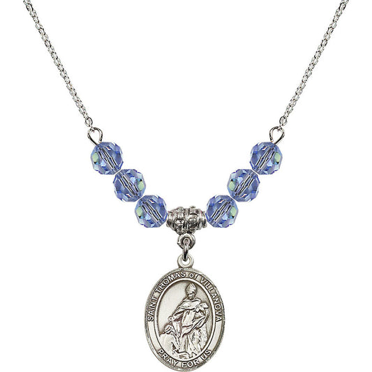 Sterling Silver Saint Thomas of Villanova Birthstone Necklace with Light Sapphire Beads - 8304