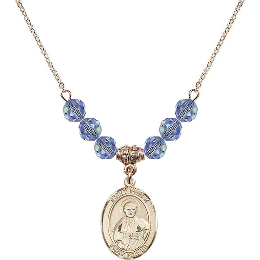 14kt Gold Filled Saint Pius X Birthstone Necklace with Light Sapphire Beads - 8305