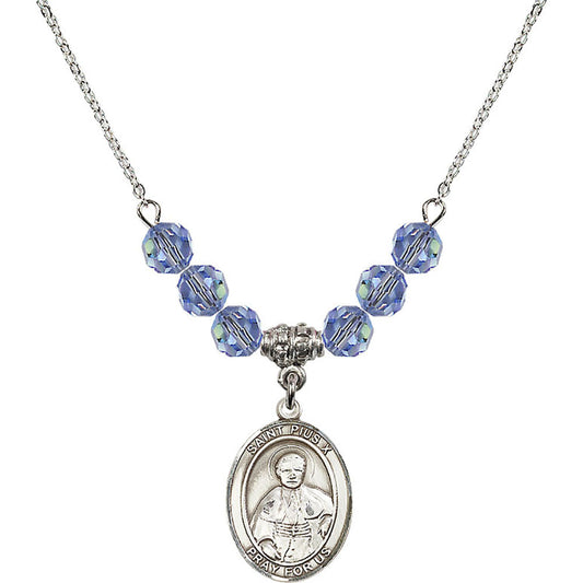 Sterling Silver Saint Pius X Birthstone Necklace with Light Sapphire Beads - 8305