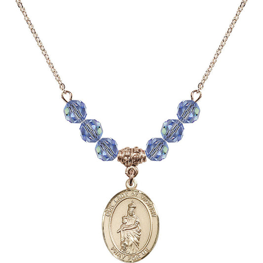 14kt Gold Filled Our Lady of Victory Birthstone Necklace with Light Sapphire Beads - 8306