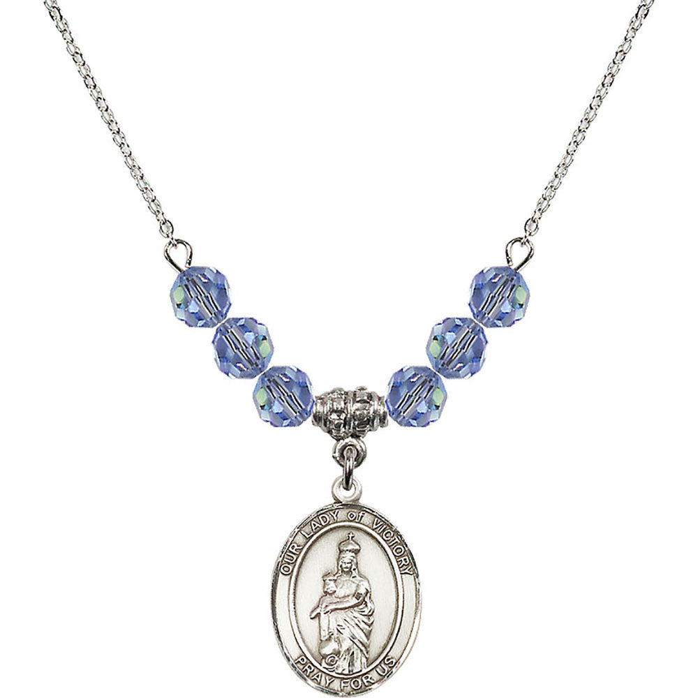 Sterling Silver Our Lady of Victory Birthstone Necklace with Light Sapphire Beads - 8306