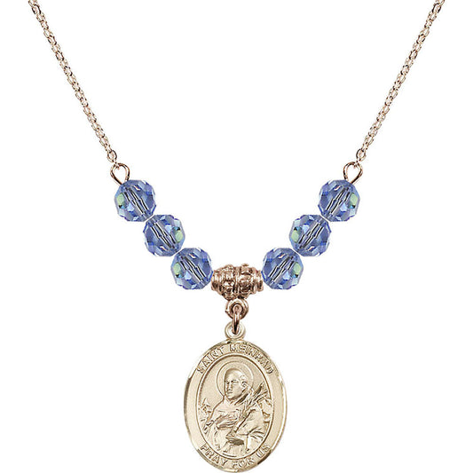 14kt Gold Filled Saint Meinrad of Einsiedeln Birthstone Necklace with Light Sapphire Beads - 8307
