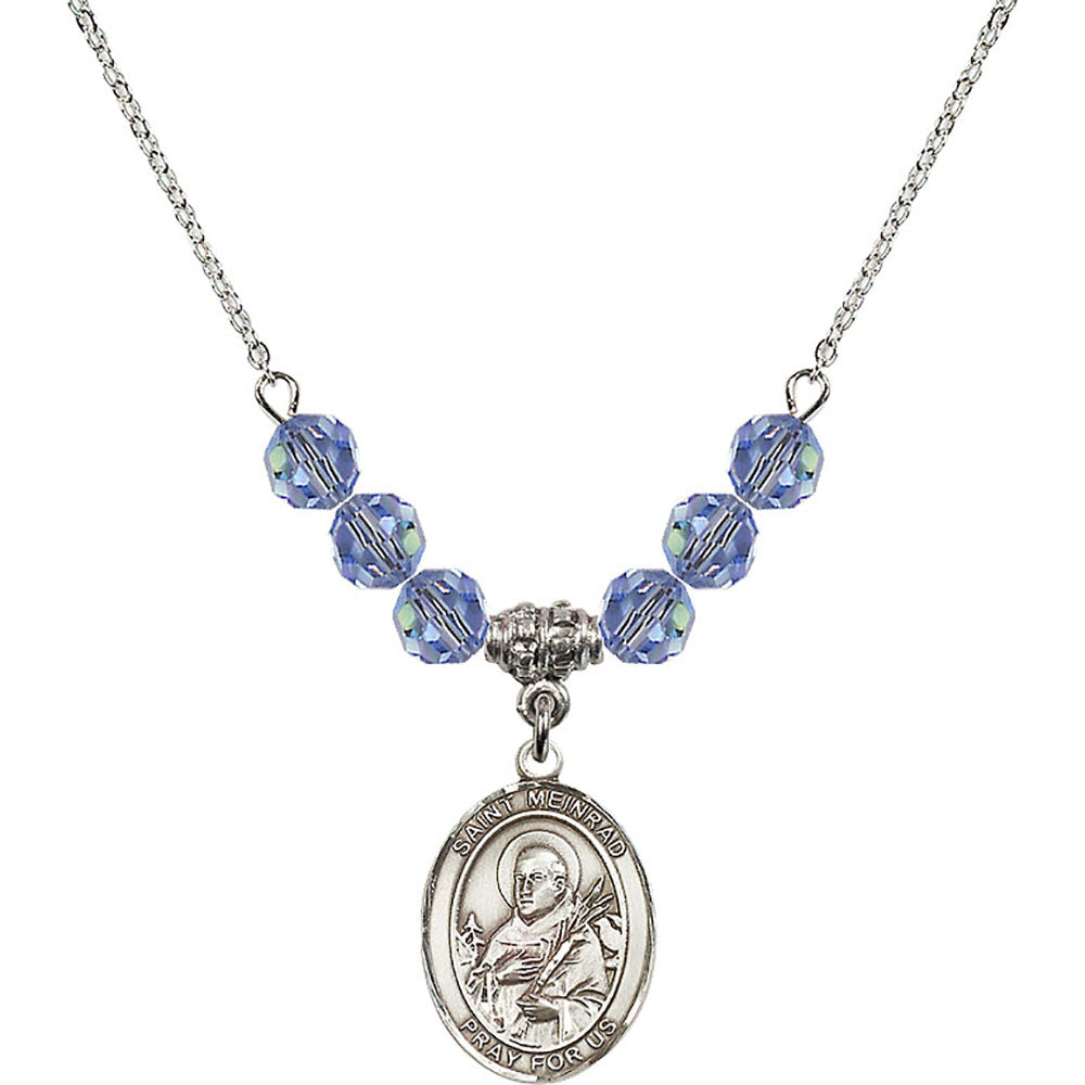 Sterling Silver Saint Meinrad of Einsiedeln Birthstone Necklace with Light Sapphire Beads - 8307