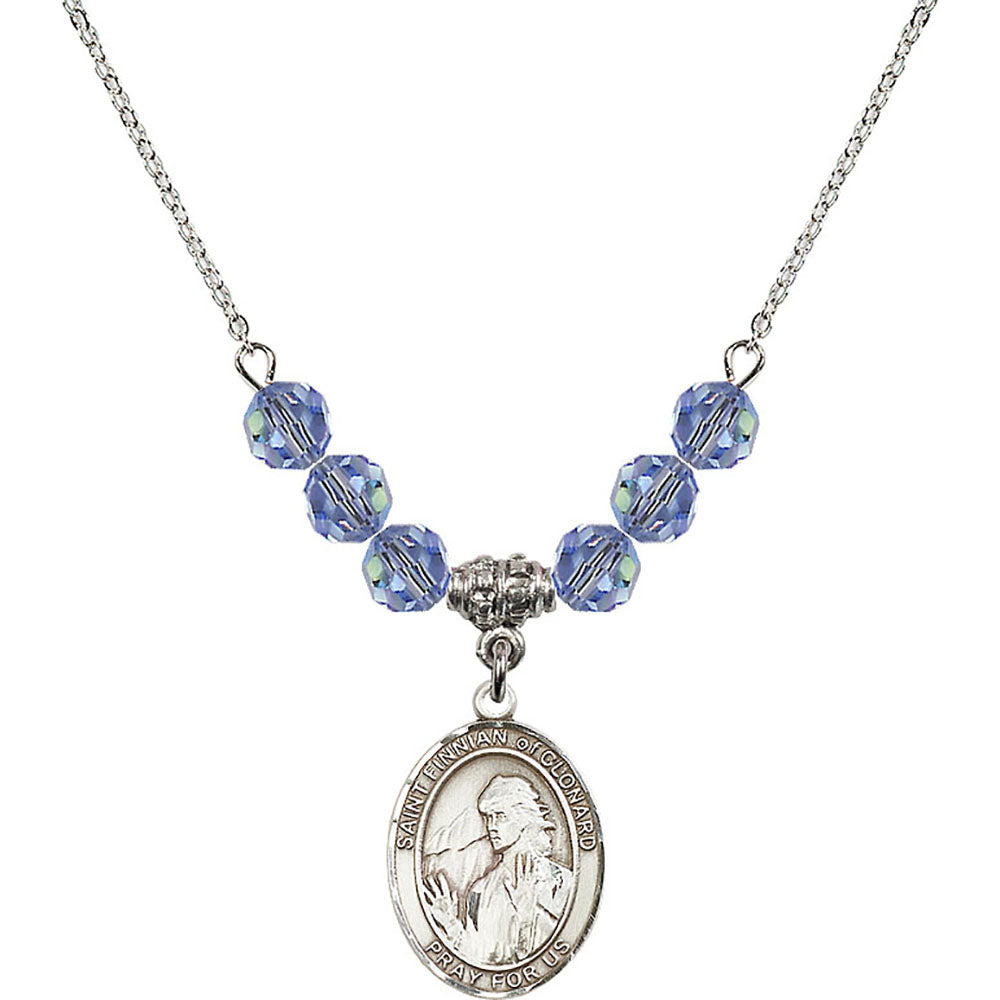 Sterling Silver Saint Finnian of Clonard Birthstone Necklace with Light Sapphire Beads - 8308