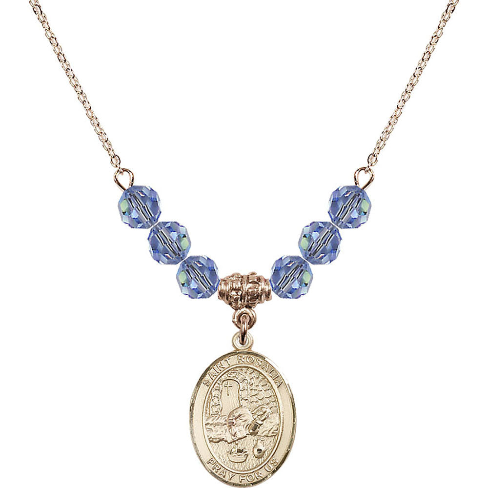 14kt Gold Filled Saint Rosalia Birthstone Necklace with Light Sapphire Beads - 8309