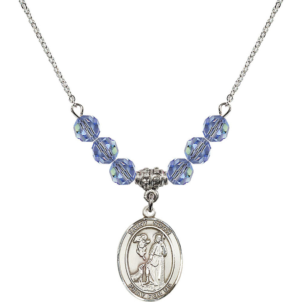 Sterling Silver Saint Roch Birthstone Necklace with Light Sapphire Beads - 8310