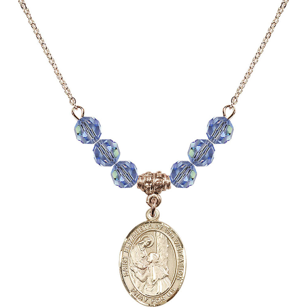 14kt Gold Filled Saint Elizabeth of the Visitation Birthstone Necklace with Light Sapphire Beads - 8311