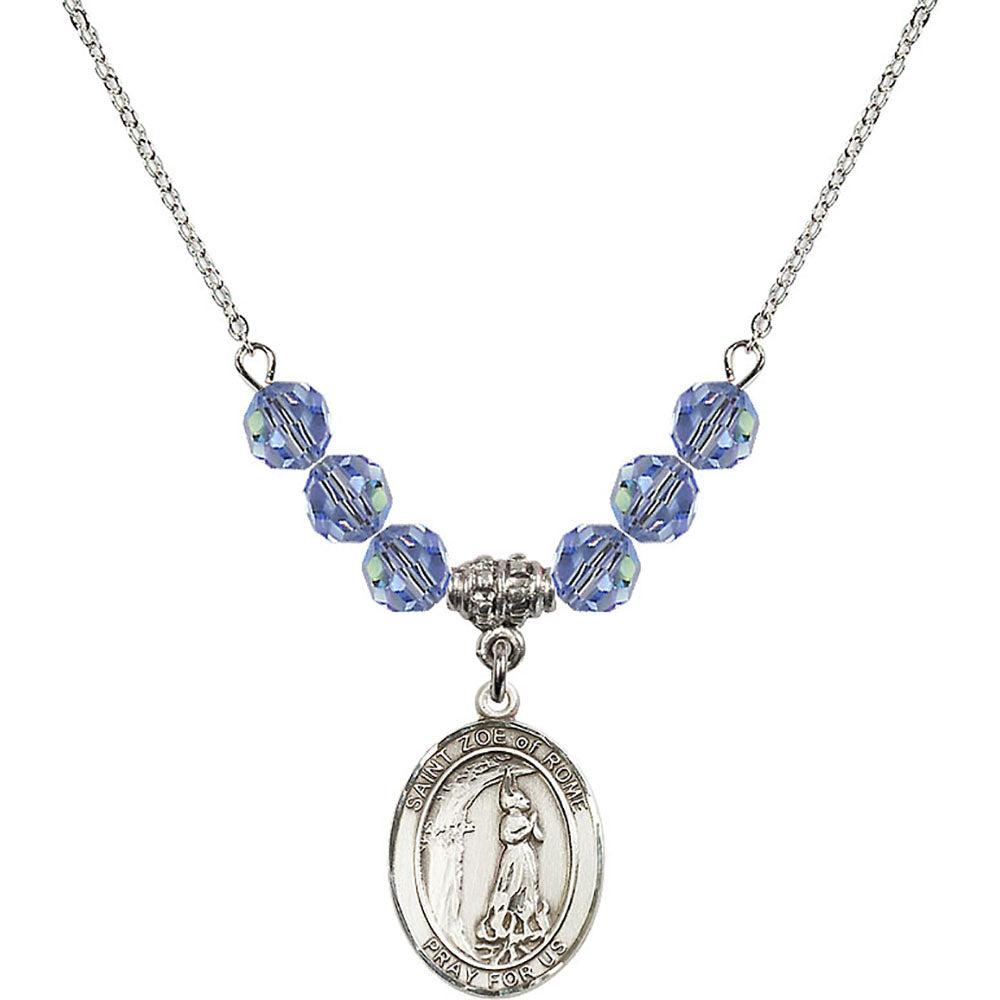 Sterling Silver Saint Zoe of Rome Birthstone Necklace with Light Sapphire Beads - 8314