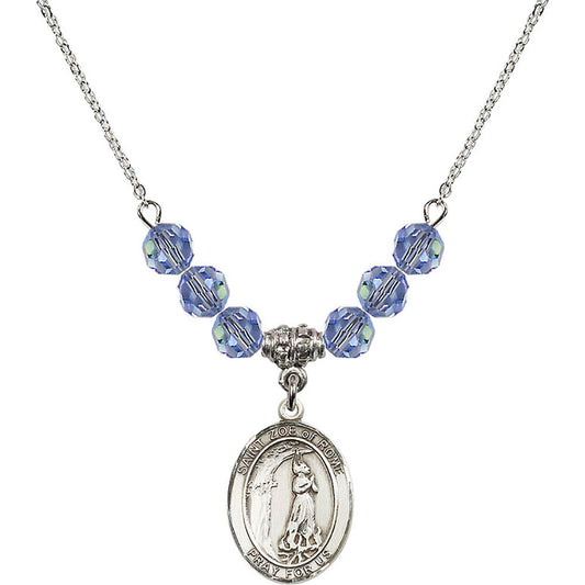 Sterling Silver Saint Zoe of Rome Birthstone Necklace with Light Sapphire Beads - 8314