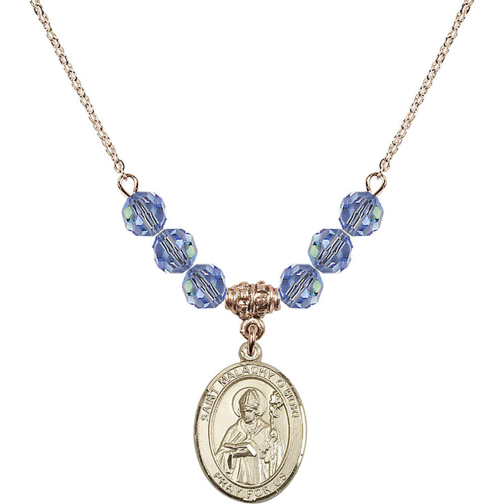14kt Gold Filled Saint Malachy O'More Birthstone Necklace with Light Sapphire Beads - 8316