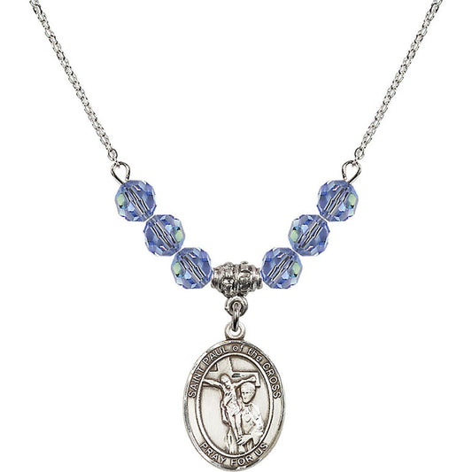Sterling Silver Saint Paul of the Cross Birthstone Necklace with Light Sapphire Beads - 8318