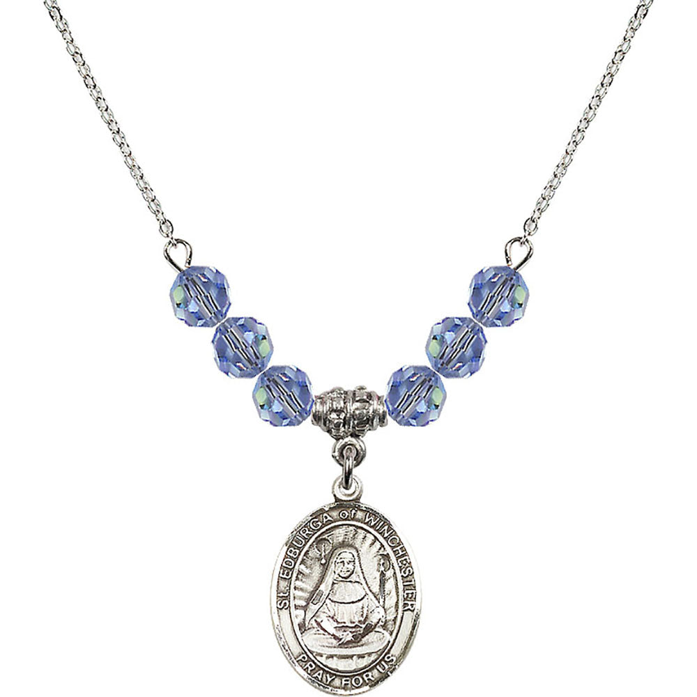 Sterling Silver Saint Edburga of Winchester Birthstone Necklace with Light Sapphire Beads - 8324