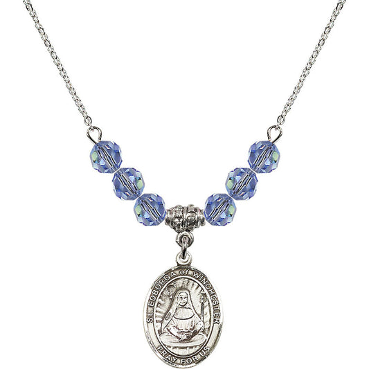 Sterling Silver Saint Edburga of Winchester Birthstone Necklace with Light Sapphire Beads - 8324