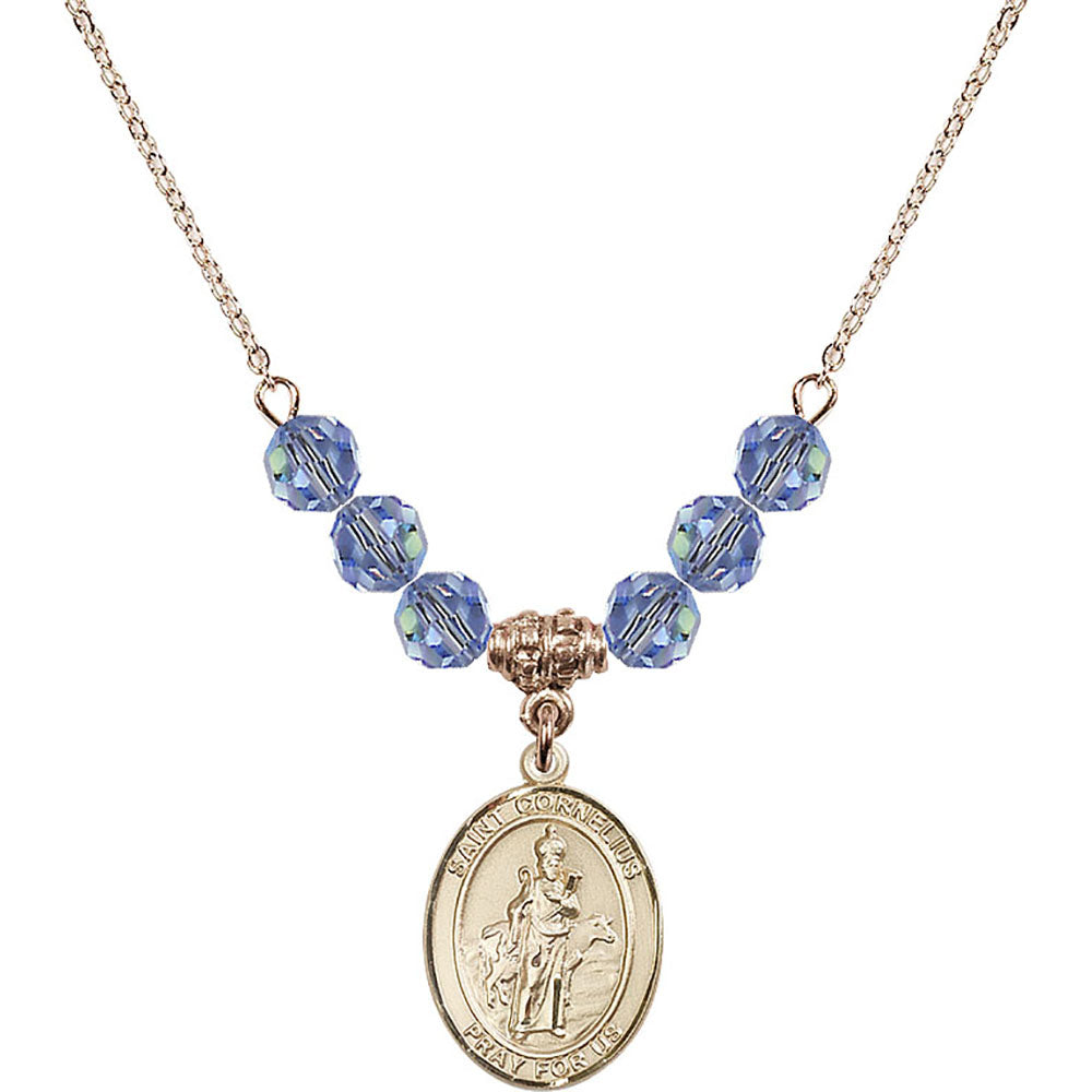 14kt Gold Filled Saint Cornelius Birthstone Necklace with Light Sapphire Beads - 8325