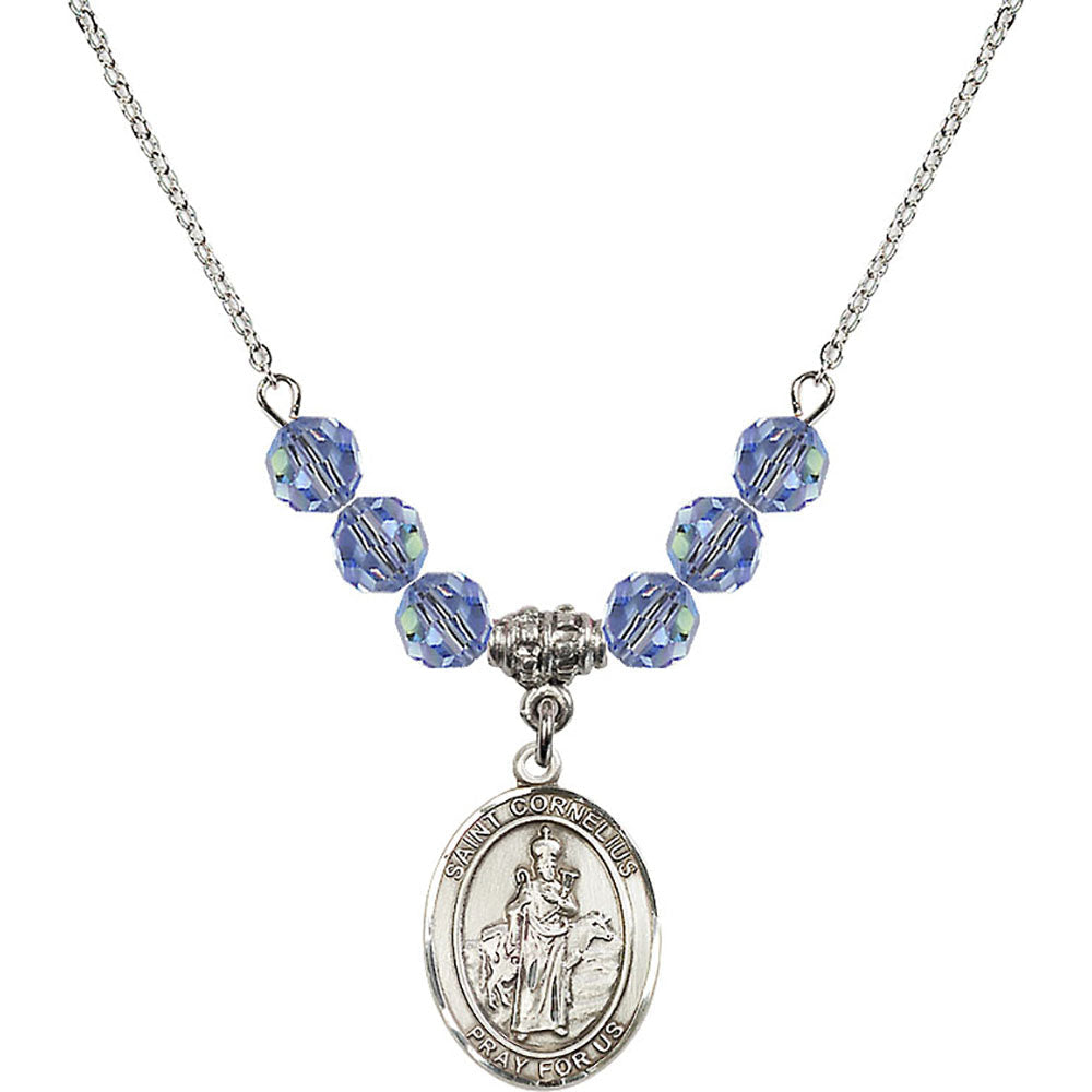 Sterling Silver Saint Cornelius Birthstone Necklace with Light Sapphire Beads - 8325