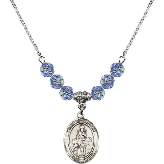 Sterling Silver Saint Cornelius Birthstone Necklace with Light Sapphire Beads - 8325