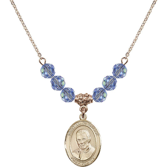14kt Gold Filled Saint Luigi Orione Birthstone Necklace with Light Sapphire Beads - 8326