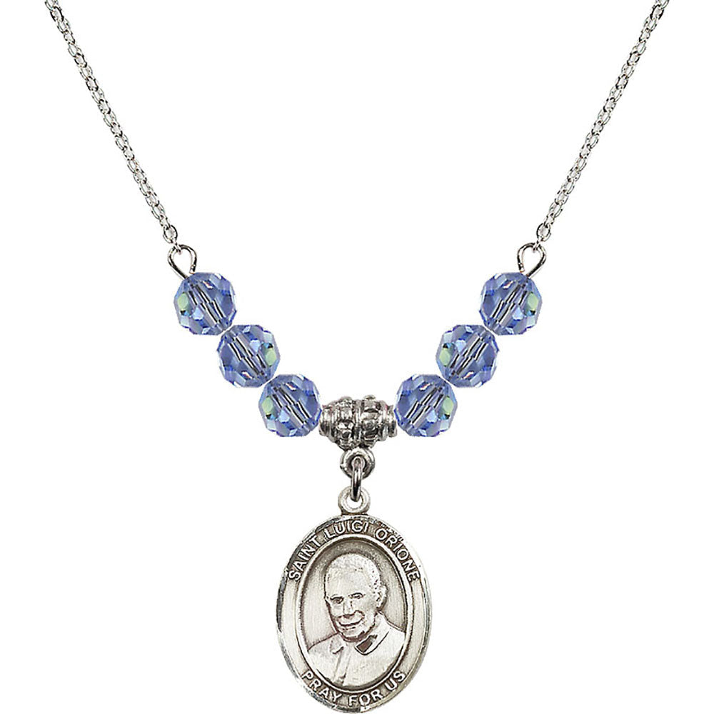 Sterling Silver Saint Luigi Orione Birthstone Necklace with Light Sapphire Beads - 8326