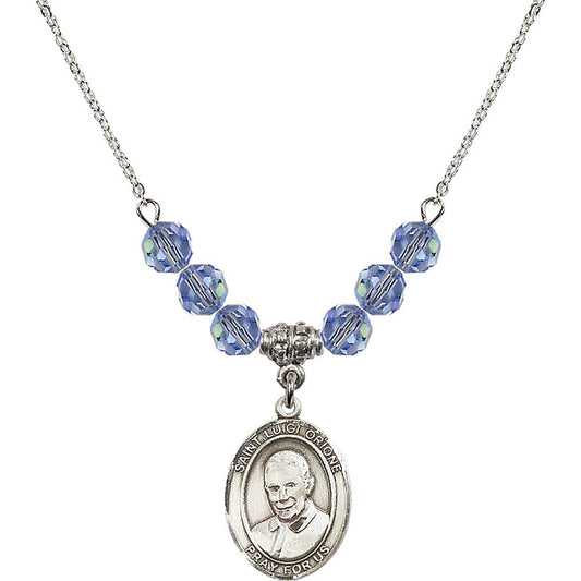 Sterling Silver Saint Luigi Orione Birthstone Necklace with Light Sapphire Beads - 8326