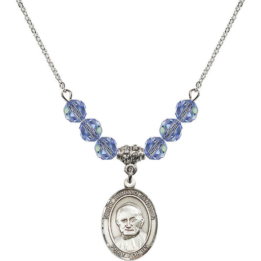 Sterling Silver Saint Arnold Janssen Birthstone Necklace with Light Sapphire Beads - 8328