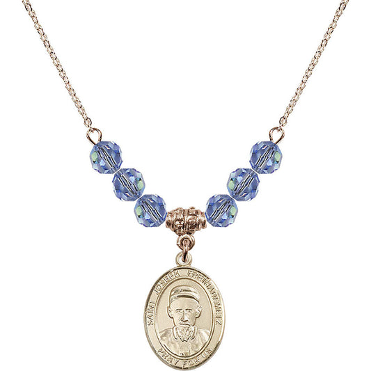 14kt Gold Filled Saint Joseph Freinademetz Birthstone Necklace with Light Sapphire Beads - 8329
