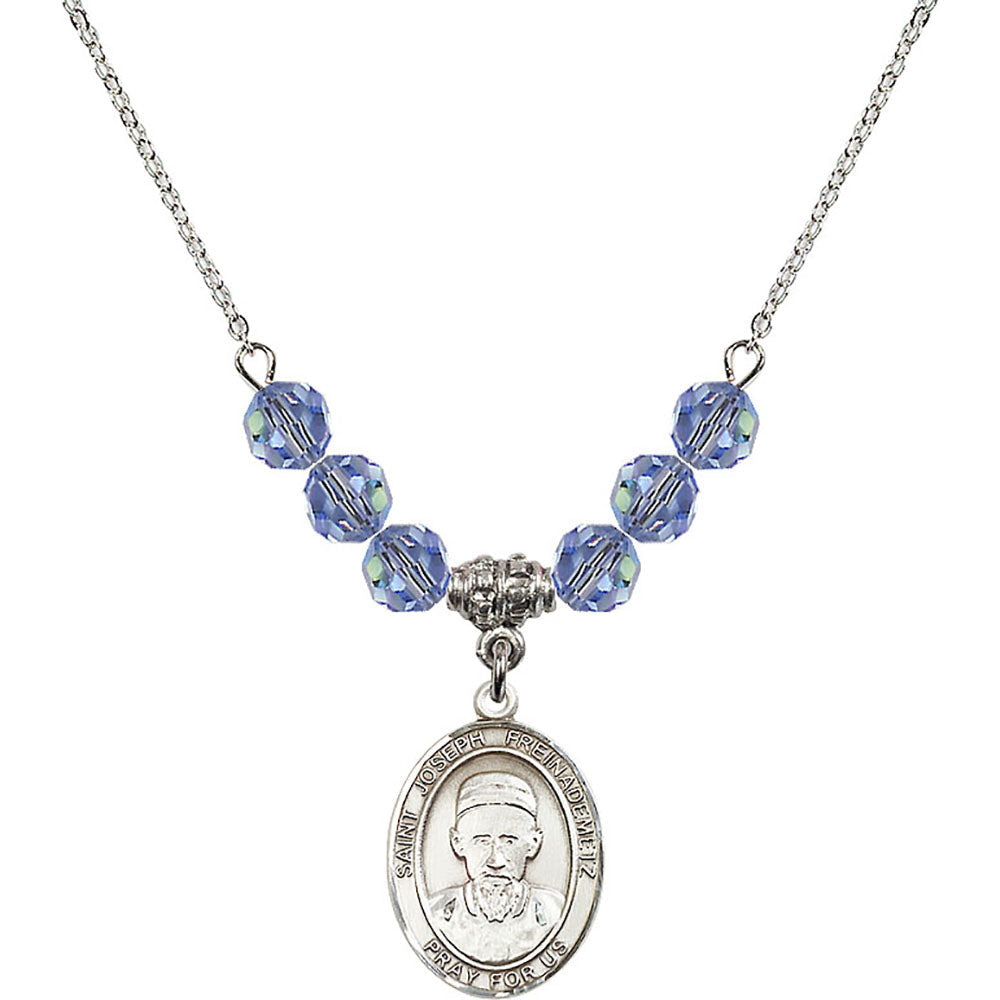 Sterling Silver Saint Joseph Freinademetz Birthstone Necklace with Light Sapphire Beads - 8329