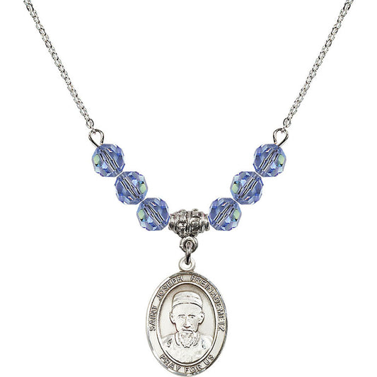 Sterling Silver Saint Joseph Freinademetz Birthstone Necklace with Light Sapphire Beads - 8329