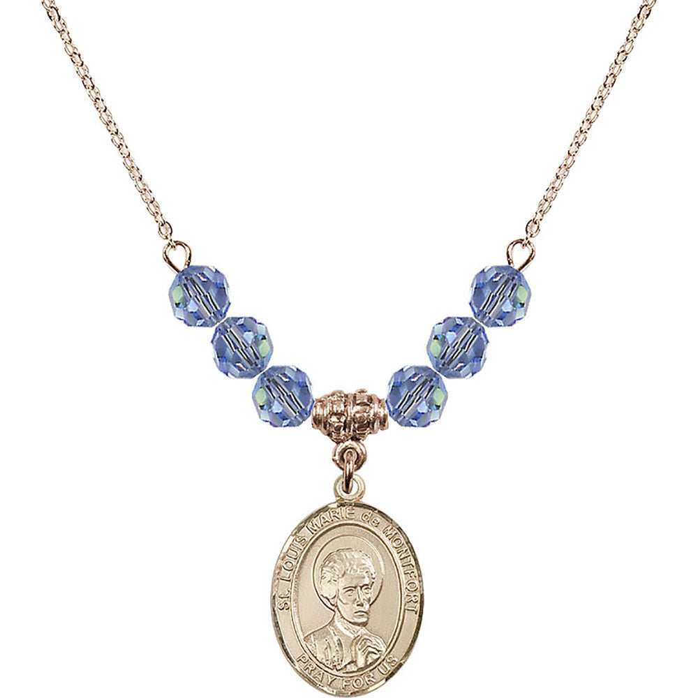 14kt Gold Filled Saint Louis Marie de Montfort Birthstone Necklace with Light Sapphire Beads - 8330