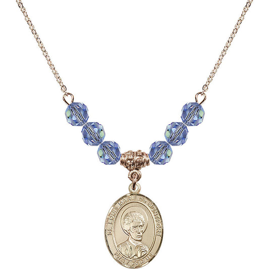 14kt Gold Filled Saint Louis Marie de Montfort Birthstone Necklace with Light Sapphire Beads - 8330