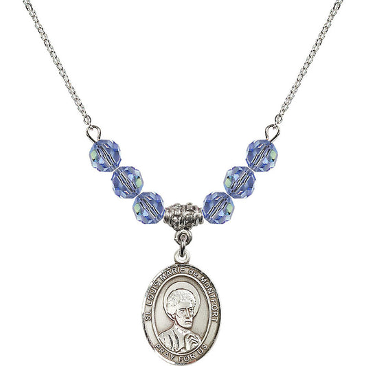 Sterling Silver Saint Louis Marie de Montfort Birthstone Necklace with Light Sapphire Beads - 8330