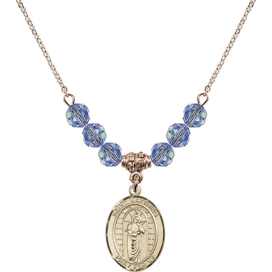14kt Gold Filled Saint Matthias the Apostle Birthstone Necklace with Light Sapphire Beads - 8331