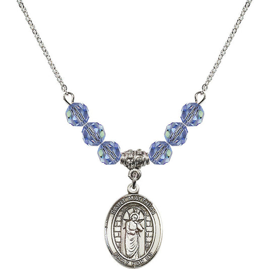 Sterling Silver Saint Matthias the Apostle Birthstone Necklace with Light Sapphire Beads - 8331