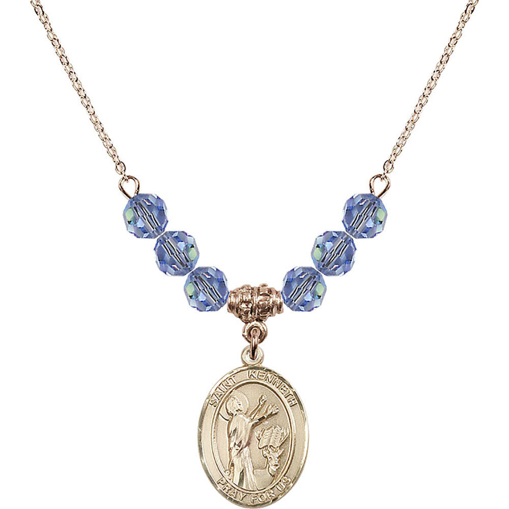14kt Gold Filled Saint Kenneth Birthstone Necklace with Light Sapphire Beads - 8332