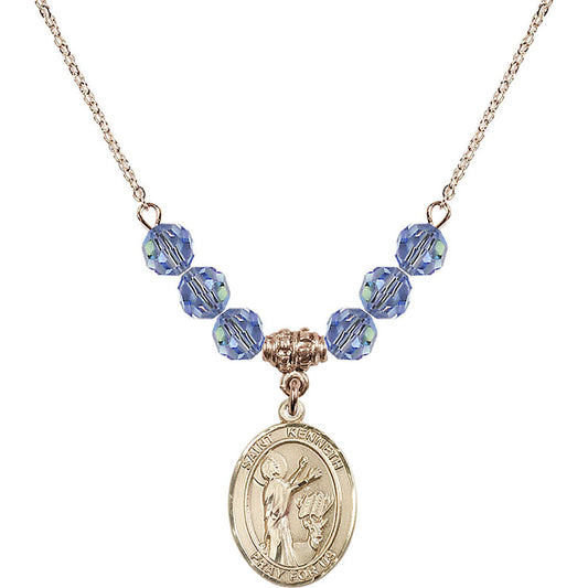 14kt Gold Filled Saint Kenneth Birthstone Necklace with Light Sapphire Beads - 8332