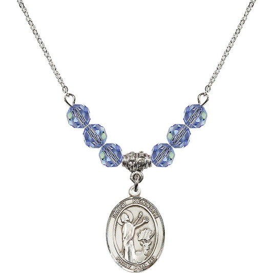 Sterling Silver Saint Kenneth Birthstone Necklace with Light Sapphire Beads - 8332