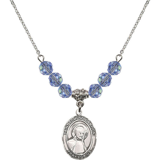Sterling Silver Saint Edmund Campion Birthstone Necklace with Light Sapphire Beads - 8333