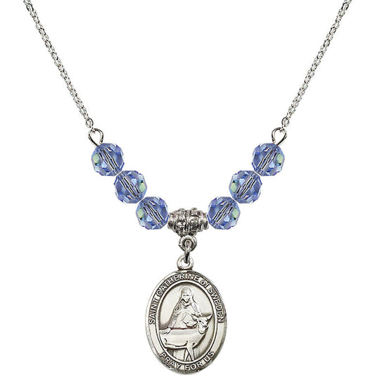 Sterling Silver Saint Catherine of Sweden Birthstone Necklace with Light Sapphire Beads - 8336