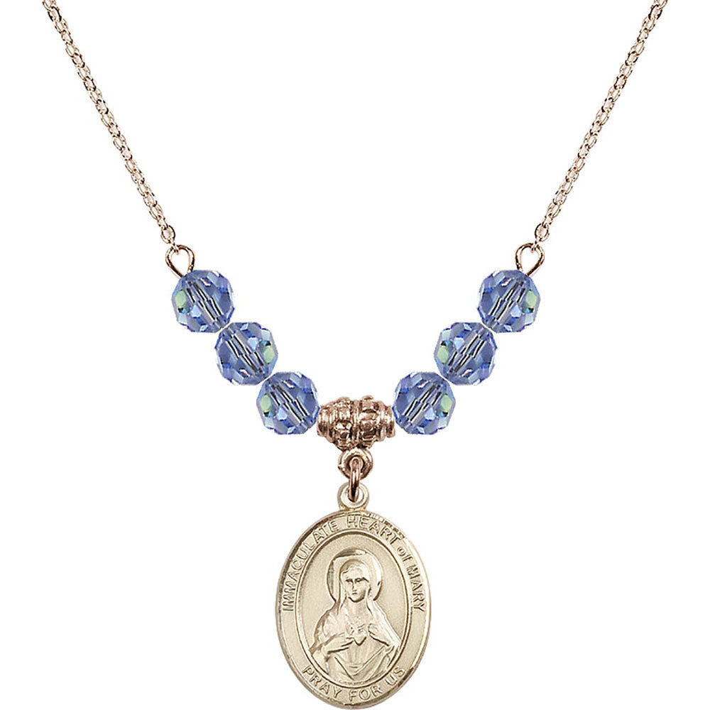 14kt Gold Filled Immaculate Heart of Mary Birthstone Necklace with Light Sapphire Beads - 8337