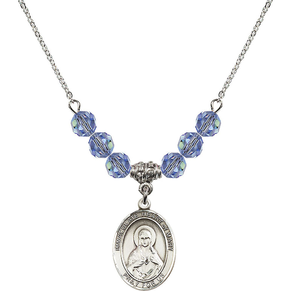 Sterling Silver Immaculate Heart of Mary Birthstone Necklace with Light Sapphire Beads - 8337
