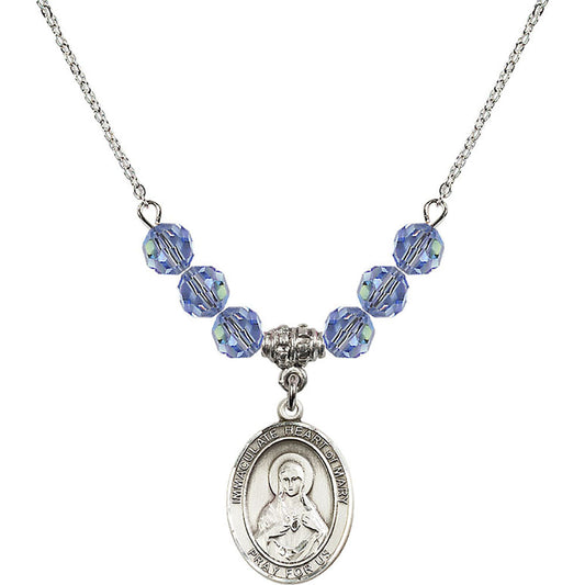 Sterling Silver Immaculate Heart of Mary Birthstone Necklace with Light Sapphire Beads - 8337