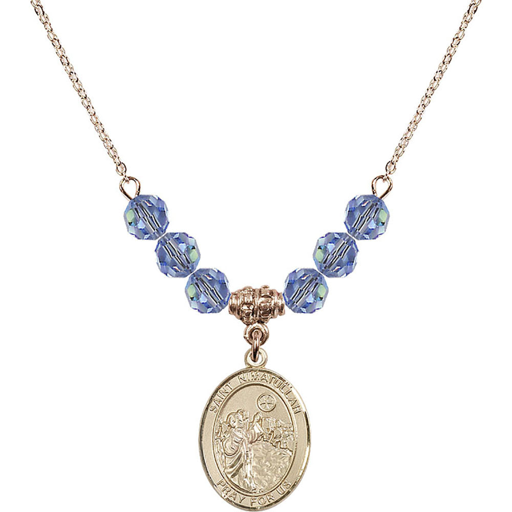 14kt Gold Filled Saint Nimatullah Birthstone Necklace with Light Sapphire Beads - 8339