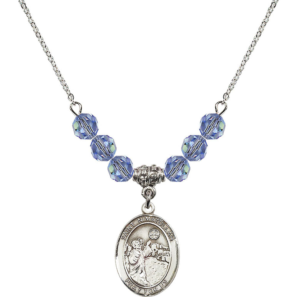 Sterling Silver Saint Nimatullah Birthstone Necklace with Light Sapphire Beads - 8339