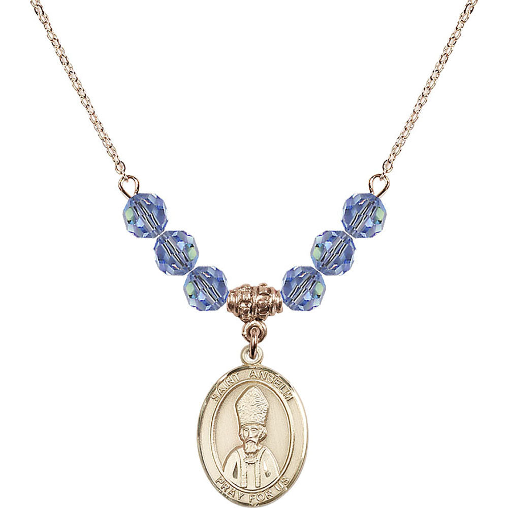 14kt Gold Filled Saint Anselm of Canterbury Birthstone Necklace with Light Sapphire Beads - 8342