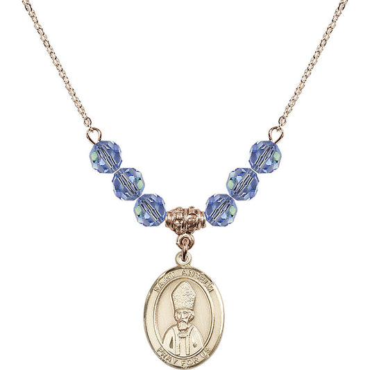 14kt Gold Filled Saint Anselm of Canterbury Birthstone Necklace with Light Sapphire Beads - 8342