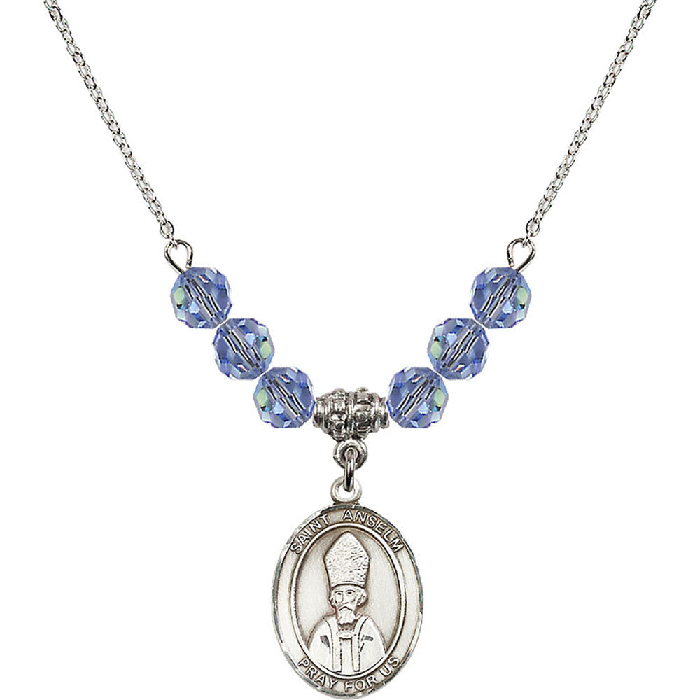 Sterling Silver Saint Anselm of Canterbury Birthstone Necklace with Light Sapphire Beads - 8342