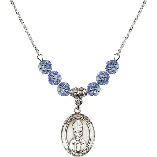 Sterling Silver Saint Anselm of Canterbury Birthstone Necklace with Light Sapphire Beads - 8342