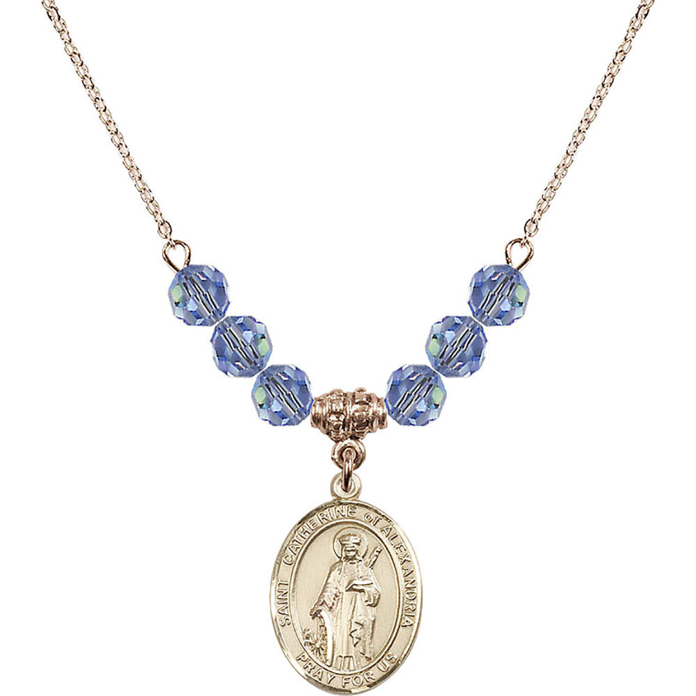 14kt Gold Filled Saint Catherine of Alexandria Birthstone Necklace with Light Sapphire Beads - 8343